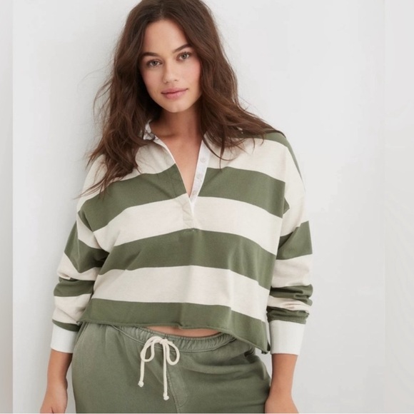 aerie Tops - Aerie Striped Cropped Rugby Shirt Sporty Prep Oversized Womens XS Green White